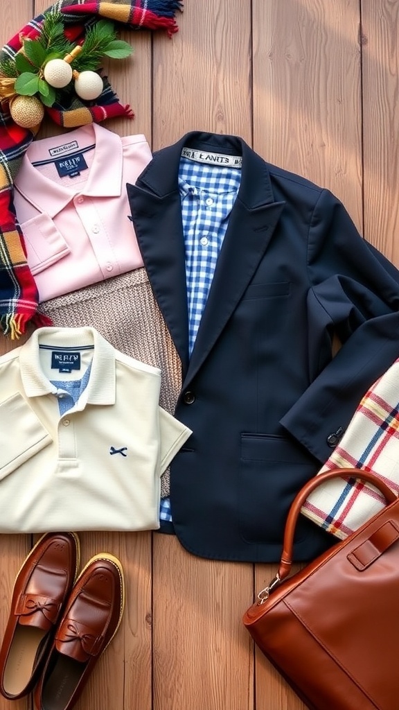 Flat lay of preppy fashion items including a blazer, polo shirts, sweater, and loafers on a wooden surface.